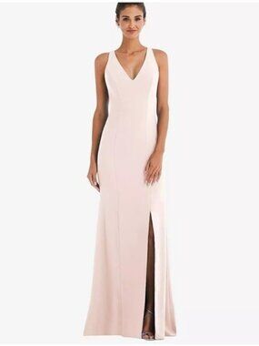 Thread Crepe Criss Cross Cutout Back Maxi Dress Front Slit Size 6 New Blush